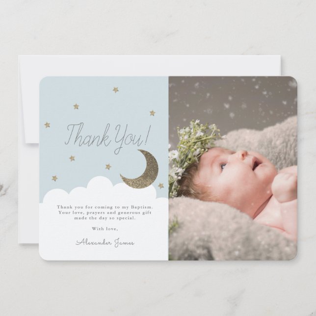 Tarjeta De Agradecimiento Crescent Moon & Stars Baby Blue Boy Foto (Anverso)
