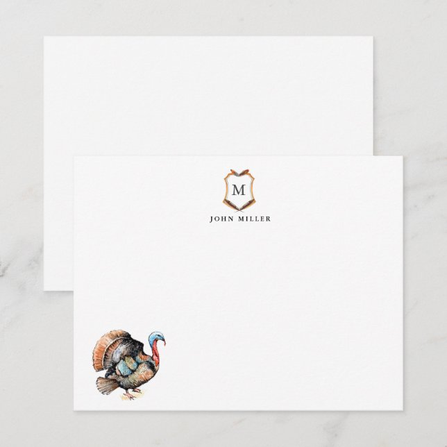 Tarjeta De Agradecimiento Crest con pavo con monograma  (Anverso / Reverso)