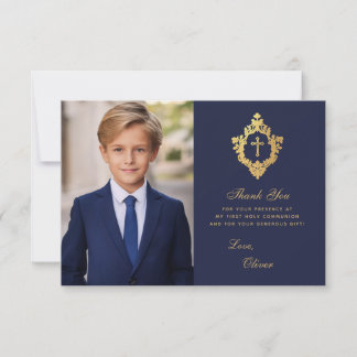 Tarjeta De Agradecimiento Crest de foto elegante de niño para Primera Comuni