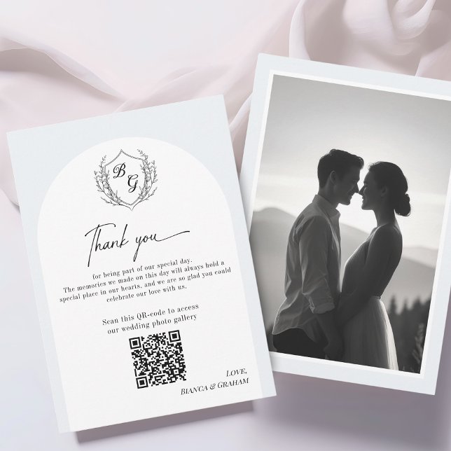 Tarjeta De Agradecimiento Crest Monogram wedding QR-code photo album  (Subido por el creador)