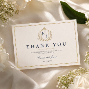 Tarjeta De Agradecimiento Crest Monograma Elegante Boda Dinero Antiguo