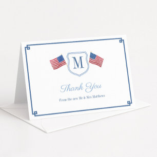 Tarjeta De Agradecimiento Crest Monograma Elegante Rojo Blanco y Azul