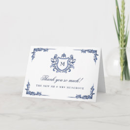 Tarjeta De Agradecimiento Crest Monograma Vintage Dibujado a Mano Azul Boda