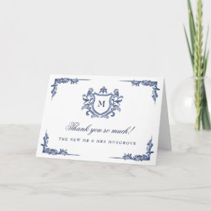 Tarjeta De Agradecimiento Crest Monograma Vintage Dibujado a Mano Azul Boda