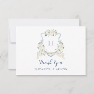 Tarjeta De Agradecimiento Cresta de boda elegante blanca floral azul polvori