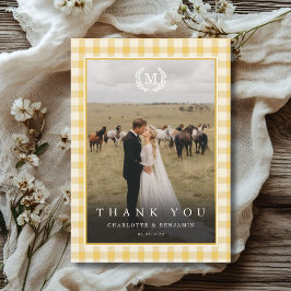Tarjeta De Agradecimiento Cresta de monograma de gingham amarillo 2 foto