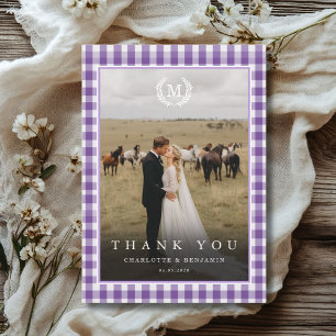 Tarjeta De Agradecimiento Cresta de monograma de gingham púrpura 2 foto