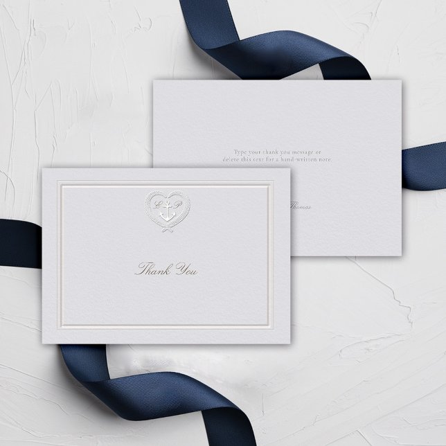 Tarjeta De Agradecimiento Crestón de Cuerda de Ancla Náutica Boda Formal Cos (nautical wedding thank you classic formal traditional frame faux embossed anchor crest monograms)