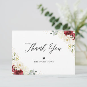 Tarjeta De Agradecimiento Crimson Red Floral Floral Gold Confetti Boda