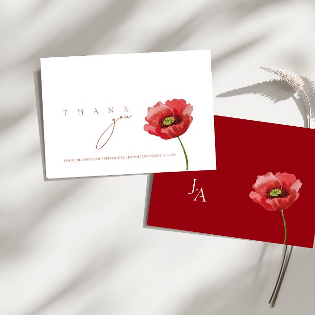 Tarjeta De Agradecimiento Crimson Red Poppy Floral Boda (Crimson Red Poppy Floral Wedding Thank You Card)