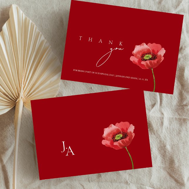 Tarjeta De Agradecimiento Crimson Red Poppy Monograma Boda (Crimson Red Poppy Monogram Wedding Thank You Card)