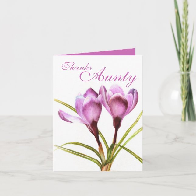 Tarjeta De Agradecimiento Crocus art "Gracias tía" púrpura carta (Anverso)