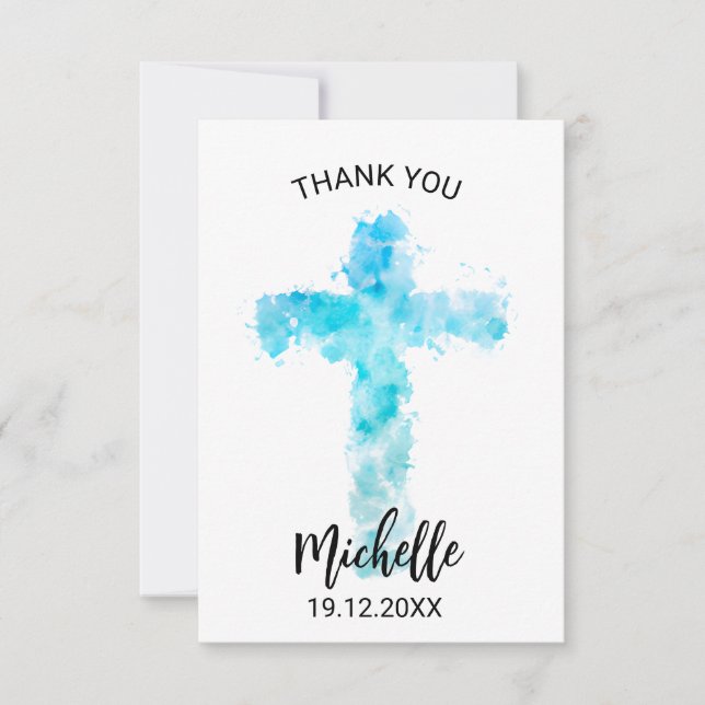 Tarjeta De Agradecimiento Cruz cristiana de color azul (Anverso)