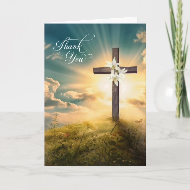 Tarjeta De Agradecimiento Cruz Cristiana en una colina y Lilies (Anverso)