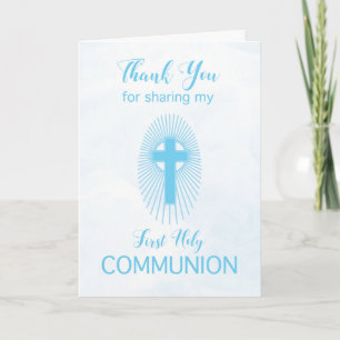 Tarjeta De Agradecimiento Cruz de Comunión Azul Rayos Gracias