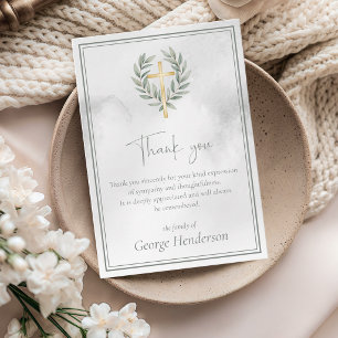 Tarjeta De Agradecimiento Cruz de oro elegante con hojas Funeral
