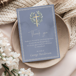 Tarjeta De Agradecimiento Cruz de oro elegante con hojas Funeral