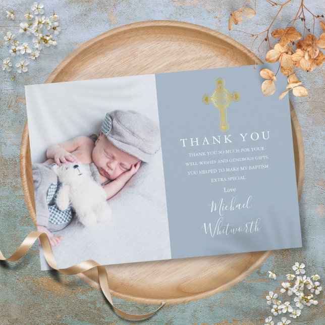 Tarjeta De Agradecimiento Cruz de oro elegante foto firma escritura Bautizo (Elegant Gold Cross Photo Signature Script Baptism Thank You Card)