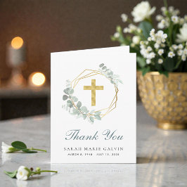 Tarjeta De Agradecimiento Cruz de oro elegante funeral de eucalipto