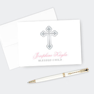 Tarjeta De Agradecimiento Cruz de Plata Niña Bautismo Rosa Personalizado