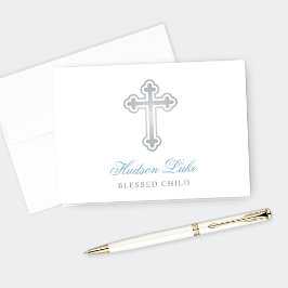 Tarjeta De Agradecimiento Cruz de plata Niño Bautizo Azul Personalizado