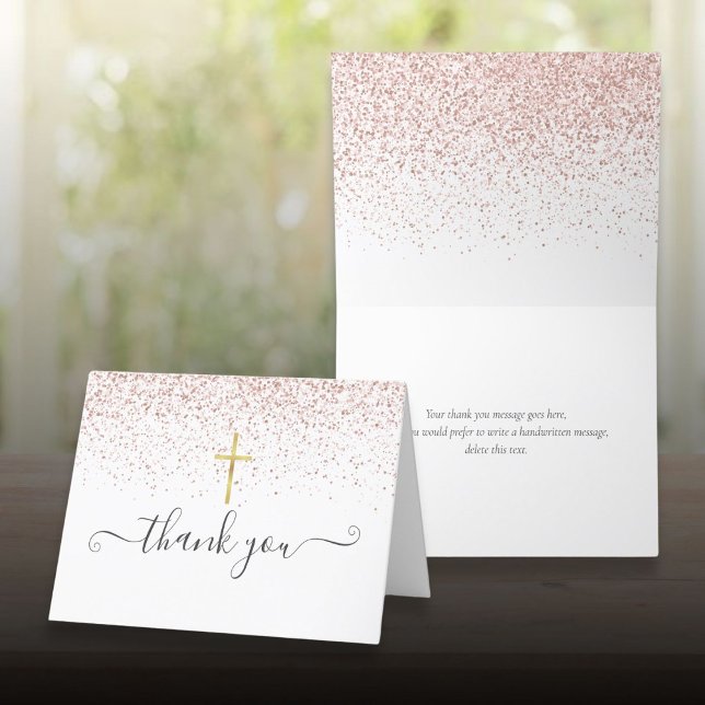 Tarjeta De Agradecimiento Cruz dorada con brillo rosa oro Escritura (Rose Gold Glitter Gold Crucifix Script Thank You Card)
