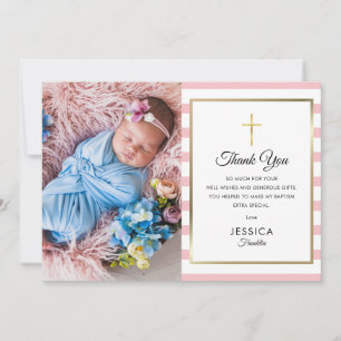 Tarjeta De Agradecimiento Cruz dorada con franja rosa Bautizo Foto