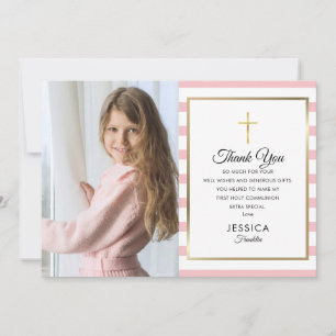 Tarjeta De Agradecimiento Cruz dorada con franja rosa Primera Comunión Foto
