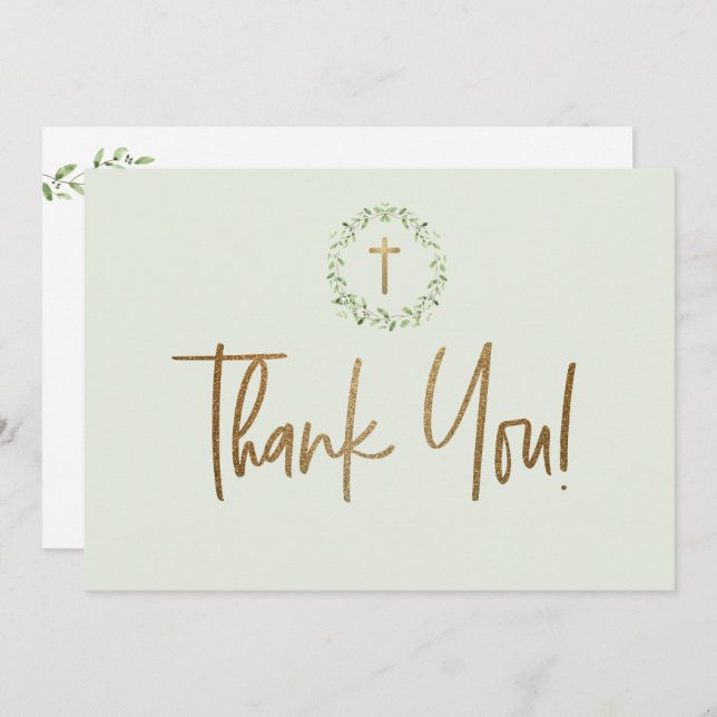 Tarjeta De Agradecimiento Cruz dorada Hojas de acuarela verde Primera comuni (Anverso / Reverso)