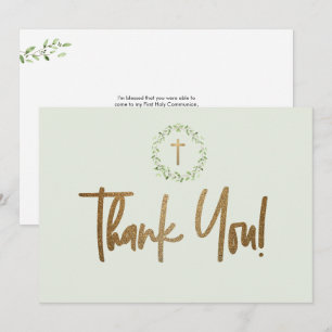 Tarjeta De Agradecimiento Cruz dorada Hojas de acuarela verde Primera comuni