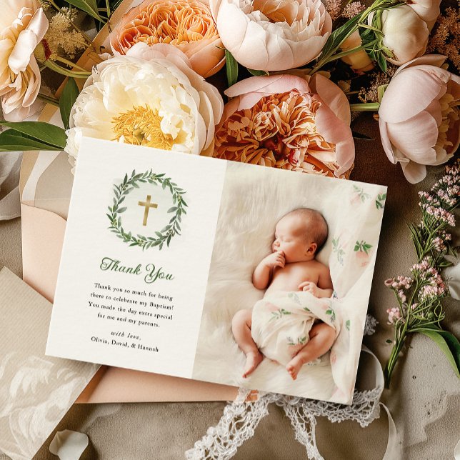 Tarjeta De Agradecimiento Cruz dorada y verde de acuarela | Foto Bautizo (Subido por el creador)