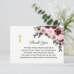 Tarjeta De Agradecimiento Cruz floral religiosa borgoña memorial funeral