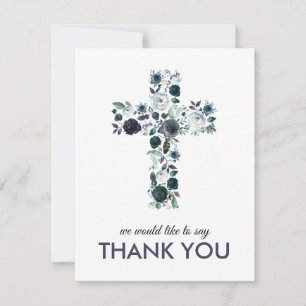 Tarjeta De Agradecimiento Cruz floral religiosa de acuarela azul