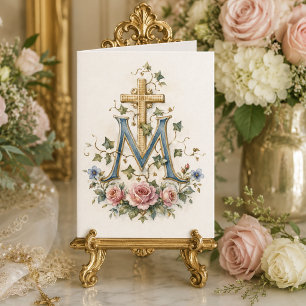 Tarjeta De Agradecimiento Cruz Mariana Católica Monograma de Escrituras Flor