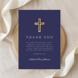 Tarjeta De Agradecimiento Cruz Religiosa de Confirmación Azul Marino Elegant
