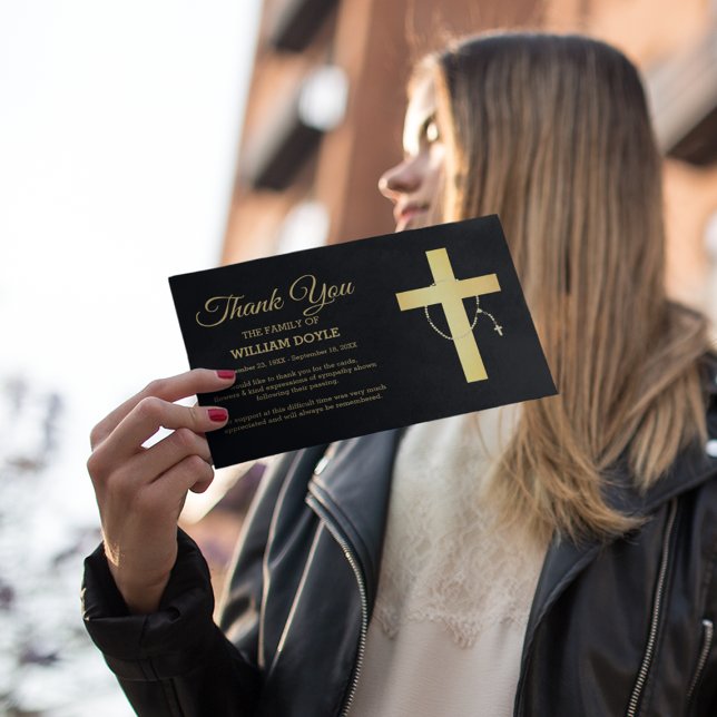 Tarjeta De Agradecimiento Cruz Religiosa Negra Y Oro Y Funeral Rosario (Subido por el creador)