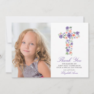 Tarjeta De Agradecimiento Cruza Floral Púrpura Primero Santa Comunión Gracia