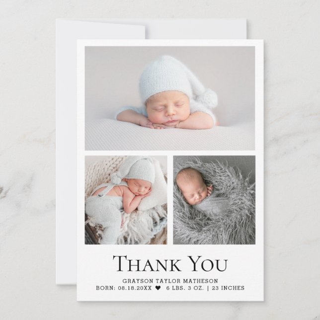 Tarjeta De Agradecimiento Cuadrícula de fotos de bebé, estadísticas de natal (Anverso)
