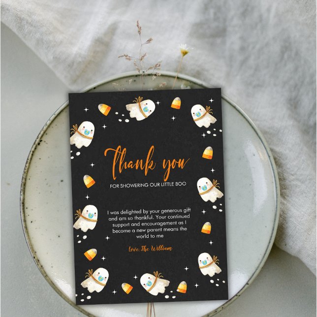Tarjeta De Agradecimiento Cuadros Bebés Fantasma Halloween Fall Baby Shower (Cute Baby Ghost Halloween Fall Baby Shower Thank You Card)