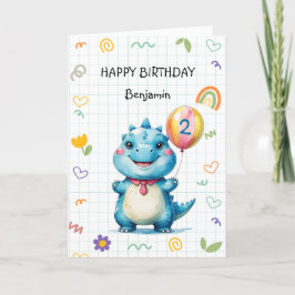 Tarjeta De Agradecimiento Cuadros Blue Dinosaur Balloon Boy Feliz cumpleaños