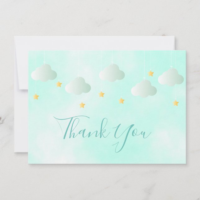 Tarjeta De Agradecimiento Cuadros Gold Stars Green Clouds Script Gracias (Anverso)
