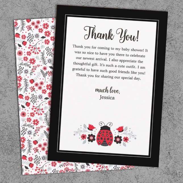 Tarjeta De Agradecimiento Cuadybug rojo (A cute ladybug baby shower thank you card featuring a ladybug, and flowers.)