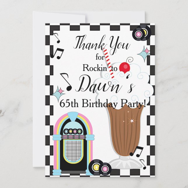Tarjeta De Agradecimiento Cualquier edad, cumpleaños retro de los años 50 (Anverso)