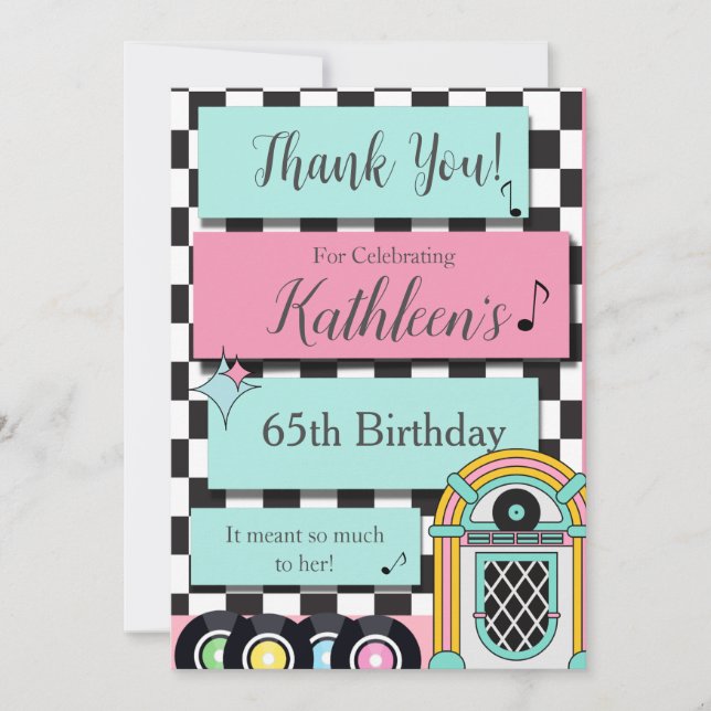 Tarjeta De Agradecimiento Cualquier edad, cumpleaños retro de los años 50 gr (Anverso)