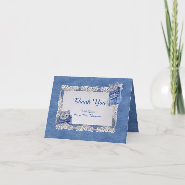Tarjeta De Agradecimiento Cubos de Denim Jean, gatitos y encaje (Anverso)