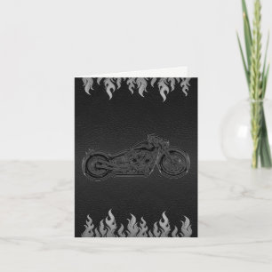 Tarjeta De Agradecimiento Cuero Negro Llamas Plateadas Motocicleta Gracias