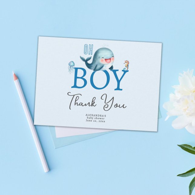Tarjeta De Agradecimiento Cuesta Whale Under Sea Boy Baby Shower (oh boy cute whale under the sea baby shower thank you card watercolor ocean beach)
