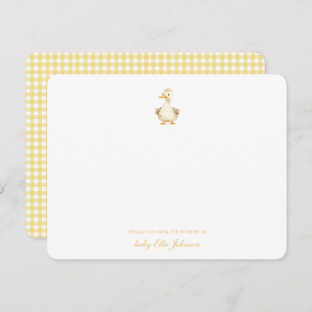 Tarjeta De Agradecimiento Cuidada acuarela Pato Amarillo Gingham Bebé gracia (Anverso / Reverso)