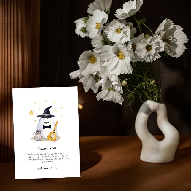 Tarjeta De Agradecimiento Cuidada acuarela Pequeño Boo Fantasma Niño Baby Sh (Cute Watercolor Little Boo Ghost Boy Baby Shower Thank You Card)