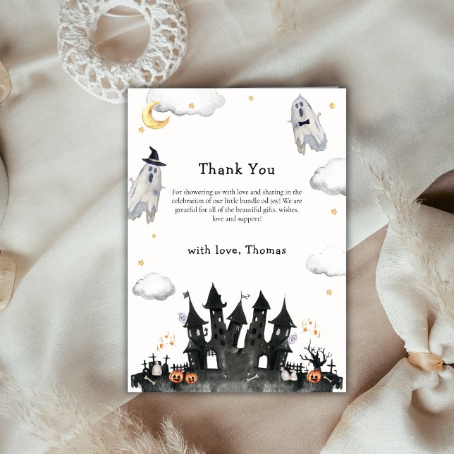 Tarjeta De Agradecimiento Cuidada acuarela Pequeño Boo Ghost House Baby Show (Cute Watercolor Little Boo Ghost House Baby Shower Thank You Card)